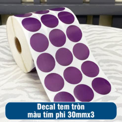 Decal giấy tem tròn màu tím phi 30mmx3