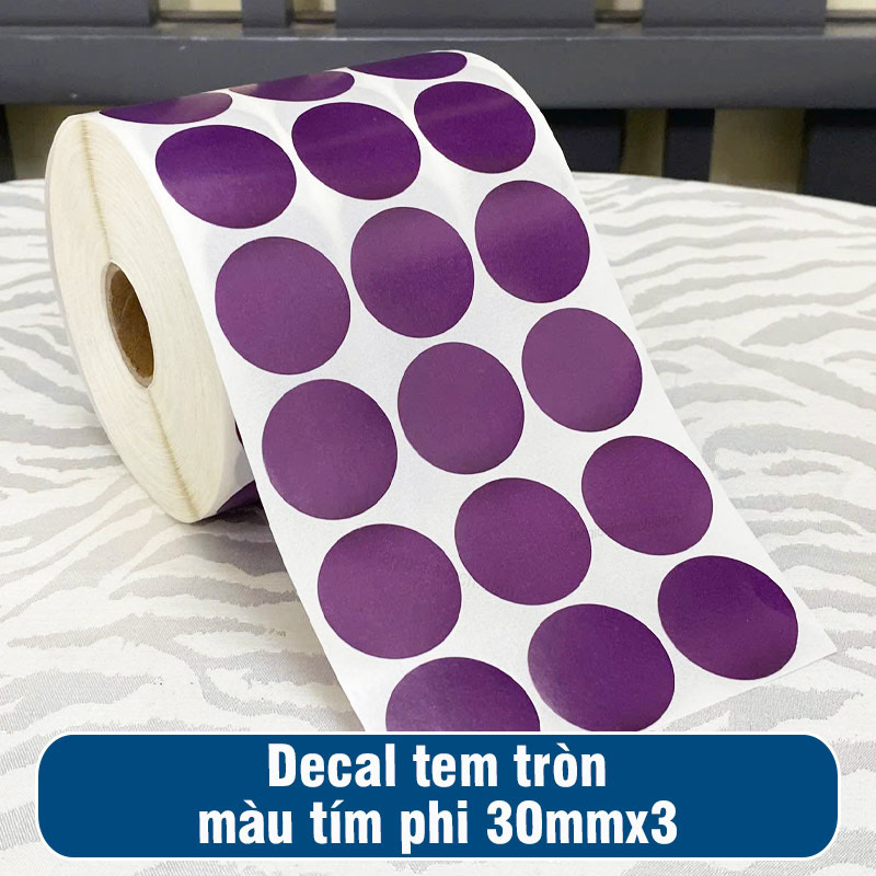 Decal giấy tem tròn màu tím phi 30mmx3