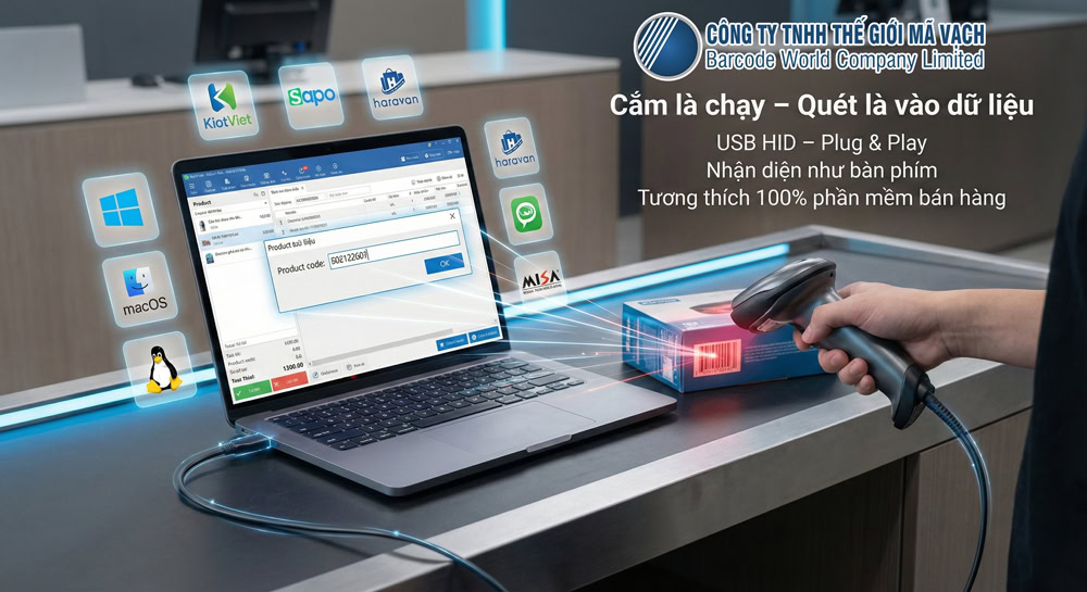 Máy quét mã vạch có dây kết nối đơn giản, tương thích linh hoạt Máy quét mã vạch có dây kết nối đơn giản, tương thích linh hoạt