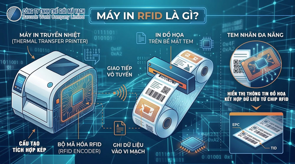 Máy in RFID là gì? Cấu tạo RFID Printer tích hợp bộ mã hóa và cơ chế in truyền nhiệt Máy in RFID là gì? Cấu tạo RFID Printer tích hợp bộ mã hóa và cơ chế in truyền nhiệt