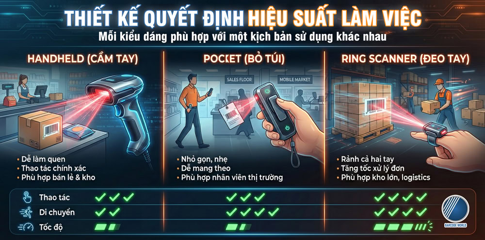 Phân loại máy quét mã vạch không dây theo thiết kế