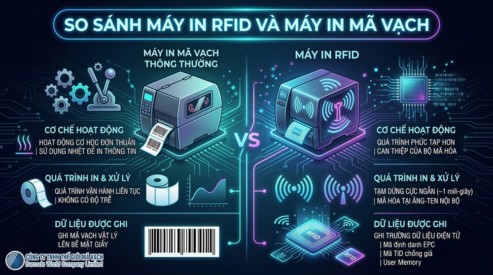 So sánh máy in RFID và máy in mã vạch: khác biệt cơ chế mã hóa dữ liệu và xử lý tem So sánh máy in RFID và máy in mã vạch: khác biệt cơ chế mã hóa dữ liệu và xử lý tem