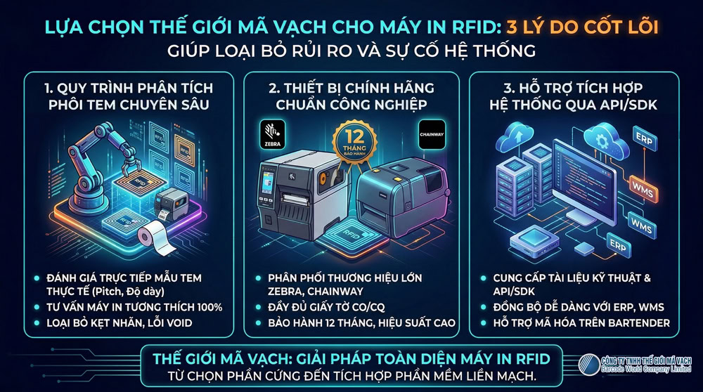Vì sao nên chọn Thế Giới Mã Vạch triển khai máy in RFID: tư vấn chuẩn kỹ thuật và tích hợp hệ thống Vì sao nên chọn Thế Giới Mã Vạch triển khai máy in RFID: tư vấn chuẩn kỹ thuật và tích hợp hệ thống