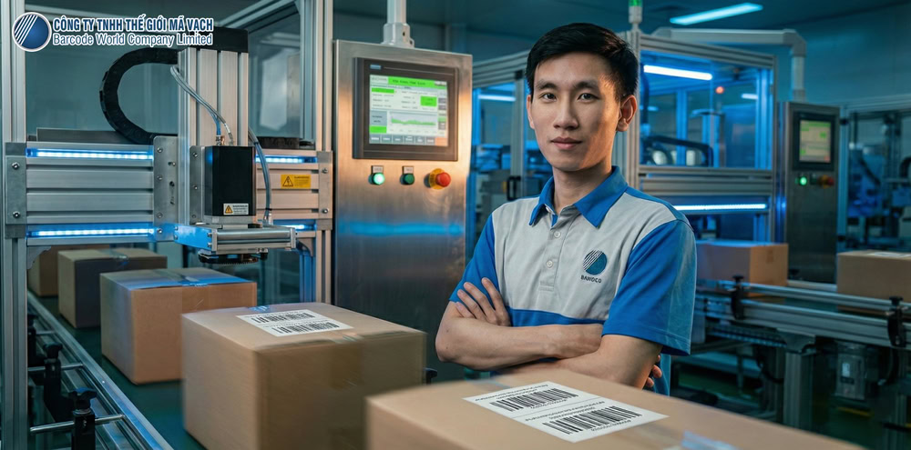 Thế Giới Mã Vạch chuyên gia triển khai giải pháp in dán tem nhãn tự động băng chuyền Thế Giới Mã Vạch chuyên gia triển khai giải pháp in dán tem nhãn tự động băng chuyền