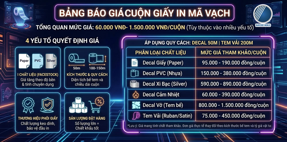 Bảng báo giá chi tiết các loại giấy in mã vạch decal cuộn Bảng báo giá chi tiết các loại giấy in mã vạch decal cuộn