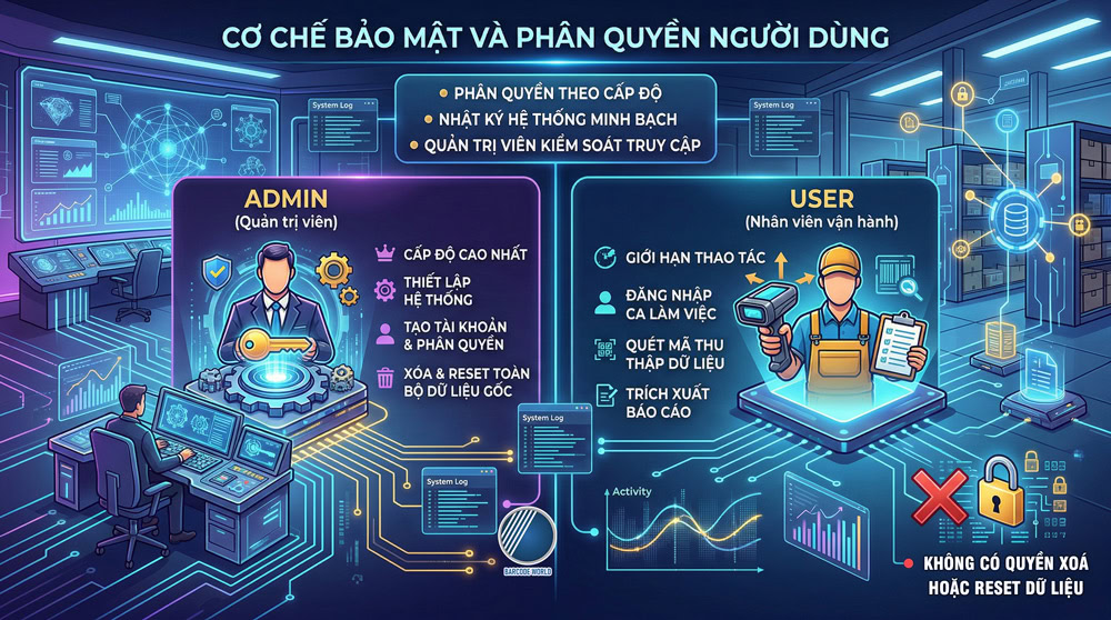 Cơ chế phân quyền người dùng Admin và User trong hệ thống mã vạch kiểm soát truy cập và bảo mật dữ liệu Cơ chế phân quyền người dùng Admin và User trong hệ thống mã vạch kiểm soát truy cập và bảo mật dữ liệu
