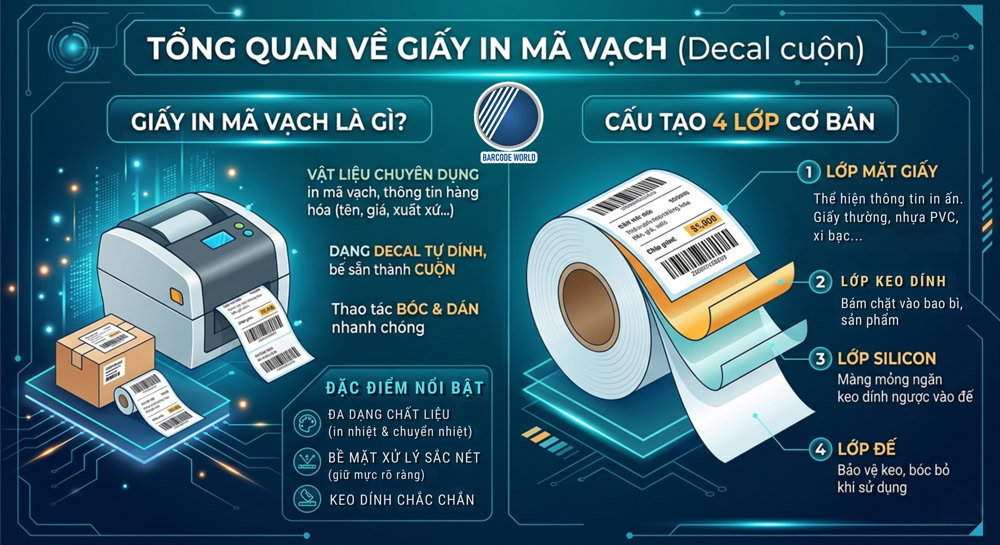 Giấy in mã vạch là gì? Cấu tạo 4 lớp cơ bản của decal cuộn Giấy in mã vạch là gì? Cấu tạo 4 lớp cơ bản của decal cuộn