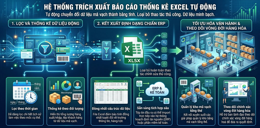 Hệ thống trích xuất báo cáo Excel tự động từ dữ liệu mã vạch Hệ thống trích xuất báo cáo Excel tự động từ dữ liệu mã vạch