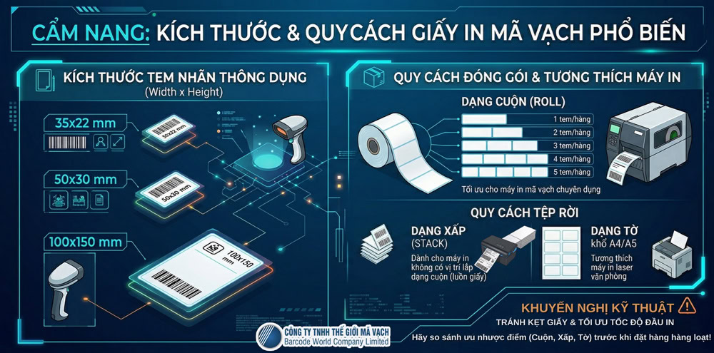 Kích thước và quy cách cuộn giấy in mã vạch phổ biến Kích thước và quy cách cuộn giấy in mã vạch phổ biến