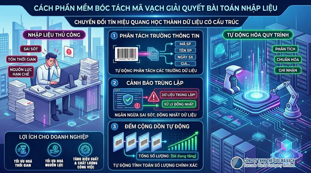 Phần mềm bóc tách dữ liệu mã vạch tự động phân tích chuẩn hóa và ghi nhận dữ liệu qua 3 cơ chế cốt lõi Phần mềm bóc tách dữ liệu mã vạch tự động phân tích chuẩn hóa và ghi nhận dữ liệu qua 3 cơ chế cốt lõi