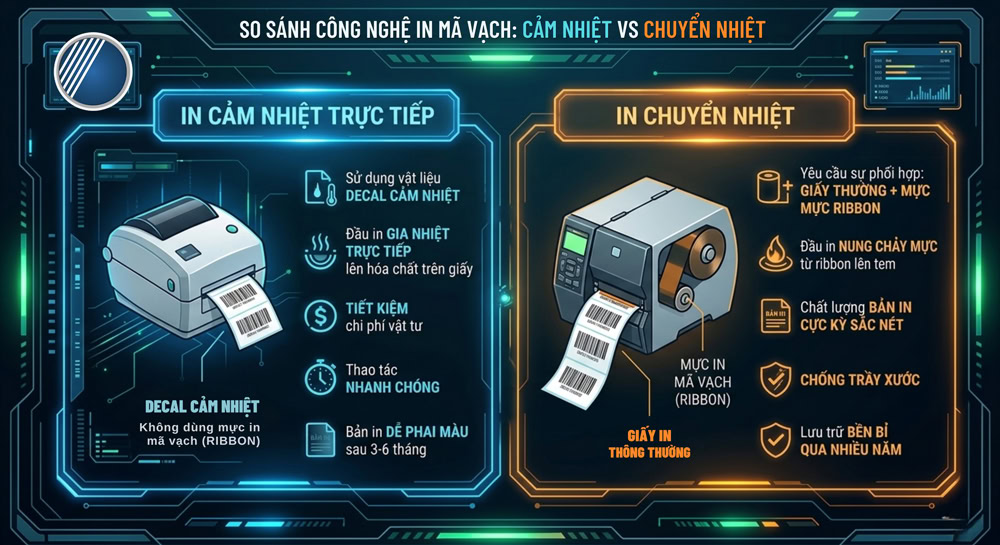 So sánh công nghệ in mã vạch cảm nhiệt và in chuyển nhiệt So sánh công nghệ in mã vạch cảm nhiệt và in chuyển nhiệt