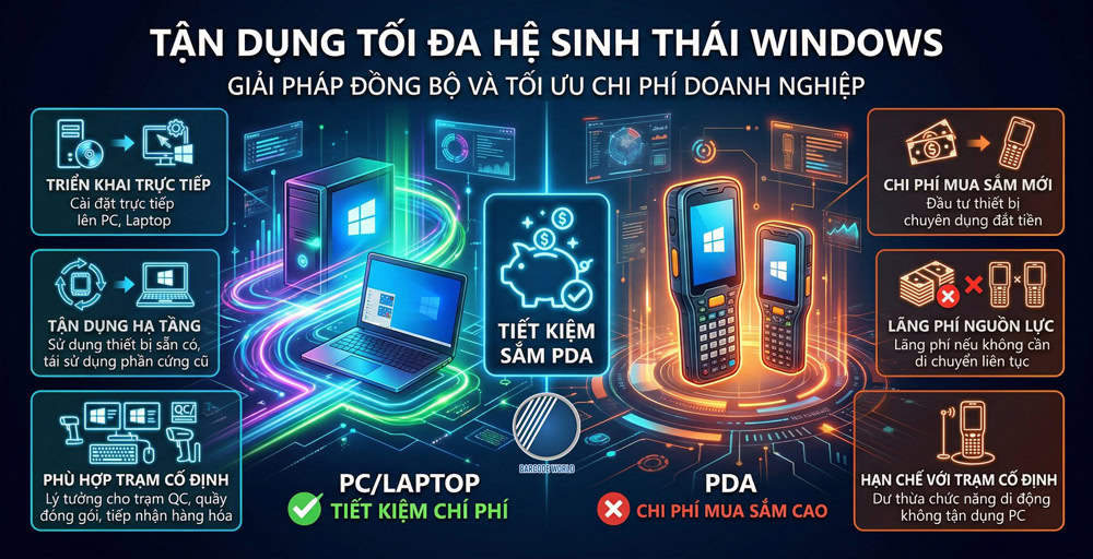 Tối ưu chi phí hệ thống mã vạch khi sử dụng PC Windows thay thế thiết bị PDA kiểm kho chuyên dụng Tối ưu chi phí hệ thống mã vạch khi sử dụng PC Windows thay thế thiết bị PDA kiểm kho chuyên dụng
