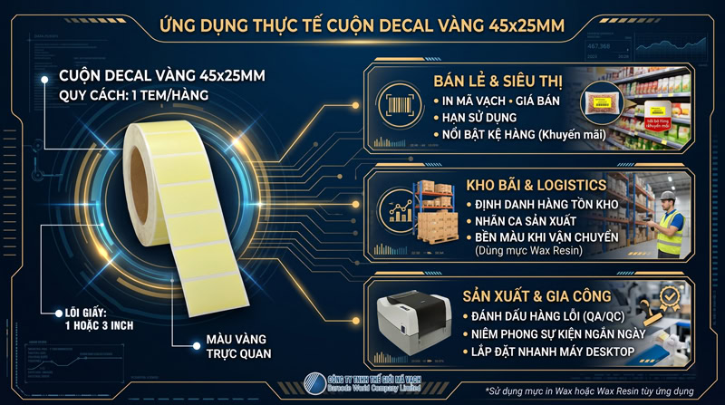 Ứng dụng của cuộn decal giấy màu vàng 45x25mm Ứng dụng của cuộn decal giấy màu vàng 45x25mm