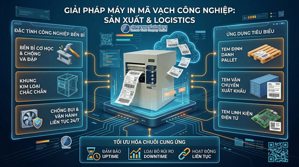 Máy in mã vạch công nghiệp cho sản xuất và logistics bền bỉ, vận hành liên tục Máy in mã vạch công nghiệp cho sản xuất và logistics bền bỉ, vận hành liên tục