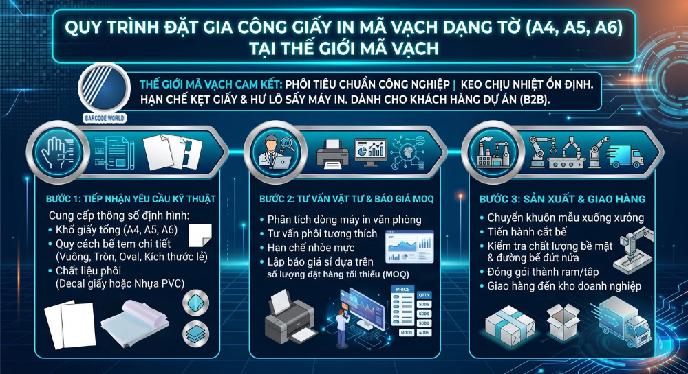 Quy trình đặt gia công giấy in mã vạch dạng tờ (A4, A5, A6) tại Thế Giới Mã Vạch Quy trình đặt gia công giấy in mã vạch dạng tờ (A4, A5, A6) tại Thế Giới Mã Vạch