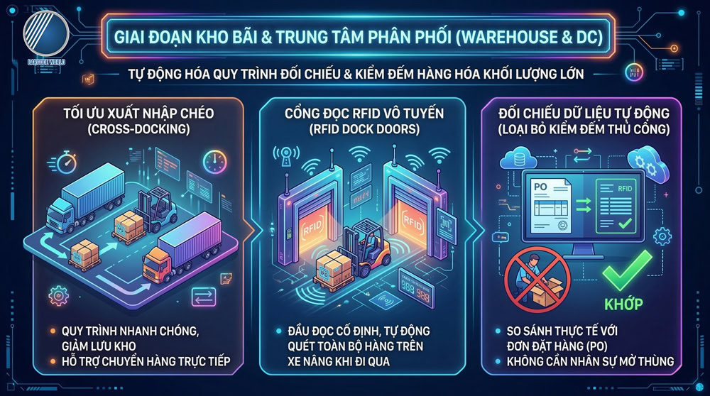 RFID giúp trung tâm phân phối tự động hóa quy trình kiểm đếm và đối chiếu hàng hóa. RFID giúp trung tâm phân phối tự động hóa quy trình kiểm đếm và đối chiếu hàng hóa.