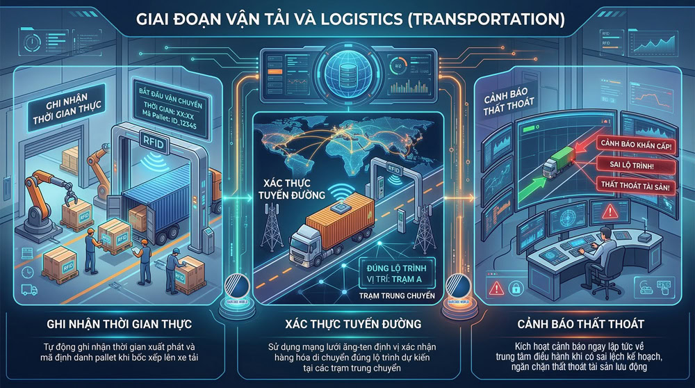 RFID giúp giám sát và xác thực hành trình vận tải hàng hóa trong chuỗi logistics. RFID giúp giám sát và xác thực hành trình vận tải hàng hóa trong chuỗi logistics.