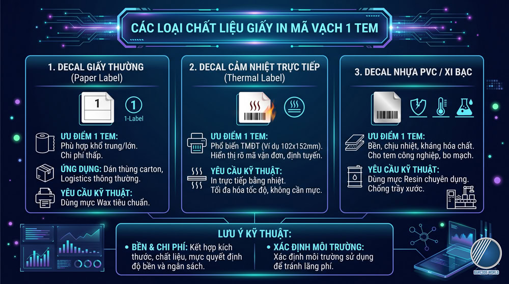 Các loại chất liệu giấy in mã vạch 1 tem Các loại chất liệu giấy in mã vạch 1 tem