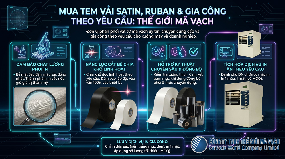 Dịch vụ gia công tem nhãn vải Ruban, Satin Dịch vụ gia công tem nhãn vải Ruban, Satin