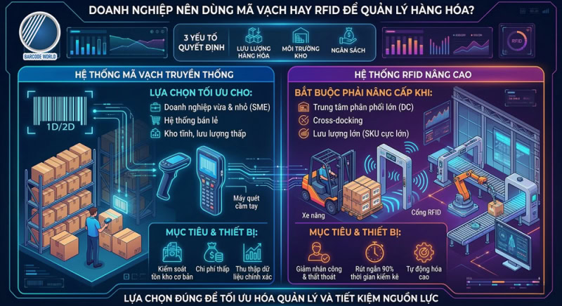 Tiêu chí lựa chọn nên dùng mã vạch hay RFID để quản lý hàng hóa Tiêu chí lựa chọn nên dùng mã vạch hay RFID để quản lý hàng hóa