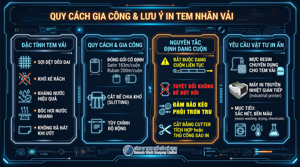 Quy cách gia công và lưu ý khi in cuộn tem nhãn vải Quy cách gia công và lưu ý khi in cuộn tem nhãn vải