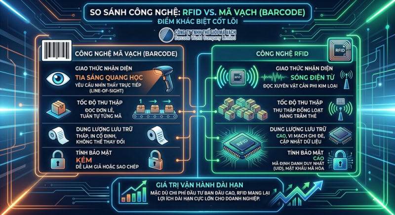 So sánh điểm khác biệt giữa RFID và mã vạch Barcode So sánh điểm khác biệt giữa RFID và mã vạch Barcode
