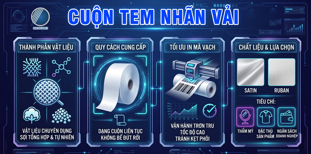 Tổng quan vật liệu tem vải dạng cuộn dùng cho in mã vạch công nghiệp Tổng quan vật liệu tem vải dạng cuộn dùng cho in mã vạch công nghiệp