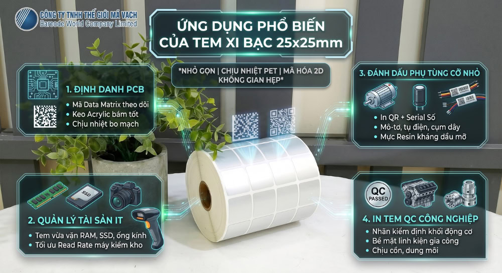 Tem decal xi bạc 25x25mm 4 tem 1 hàng ứng dụng đa ngành nghề Tem decal xi bạc 25x25mm 4 tem 1 hàng ứng dụng đa ngành nghề