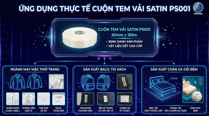 Ứng dụng cuộn tem vải satin PS001 30mm Ứng dụng cuộn tem vải satin PS001 30mm