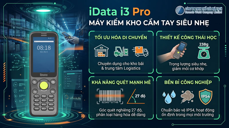 Máy kiểm kho iData i3 Pro cho kho tầm trung siêu nhẹ Máy kiểm kho iData i3 Pro cho kho tầm trung siêu nhẹ