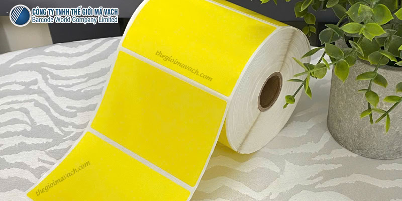Cuộn decal giấy 100x60mm bề mặt nhuộm màu vàng Cuộn decal giấy 100x60mm bề mặt nhuộm màu vàng