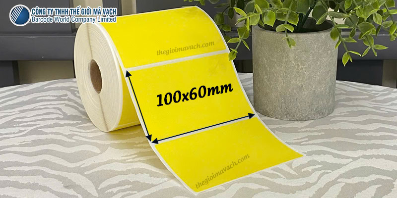 Cuộn decal giấy vàng diện tích in 100x60mm Cuộn decal giấy vàng diện tích in 100x60mm