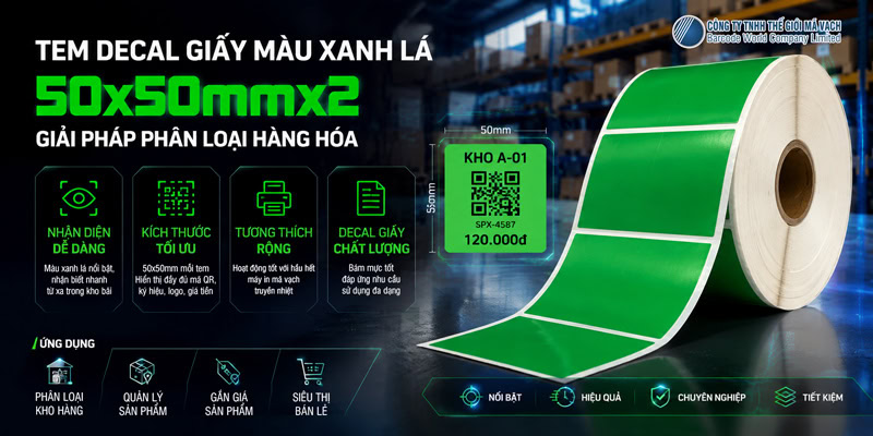 Decal giấy màu xanh lá 50x50mmx2 phân loại hàng hoá Decal giấy màu xanh lá 50x50mmx2 phân loại hàng hoá