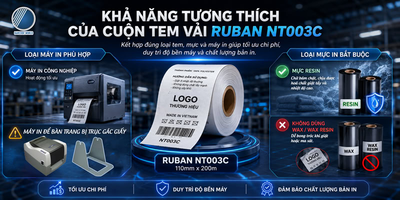 Tem vải Ruban NT003C 110mmx200m tương thích máy in và mực resin Tem vải Ruban NT003C 110mmx200m tương thích máy in và mực resin