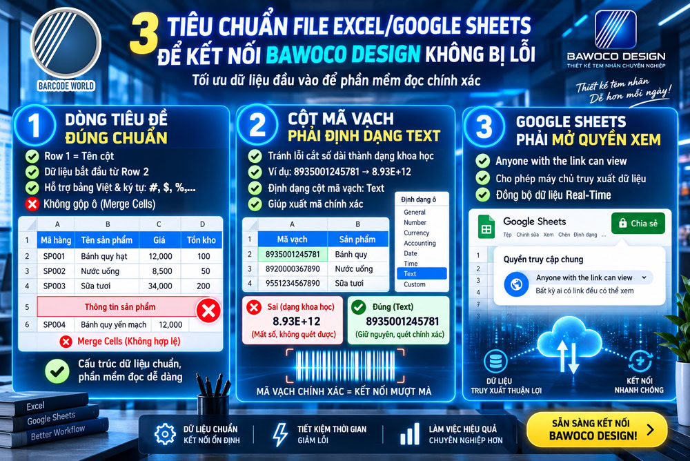 3 tiêu chuẩn kỹ thuật file Excel/Google Sheets để liên kết BAWOCO Design không bị lỗi 3 tiêu chuẩn kỹ thuật file Excel/Google Sheets để liên kết BAWOCO Design không bị lỗi