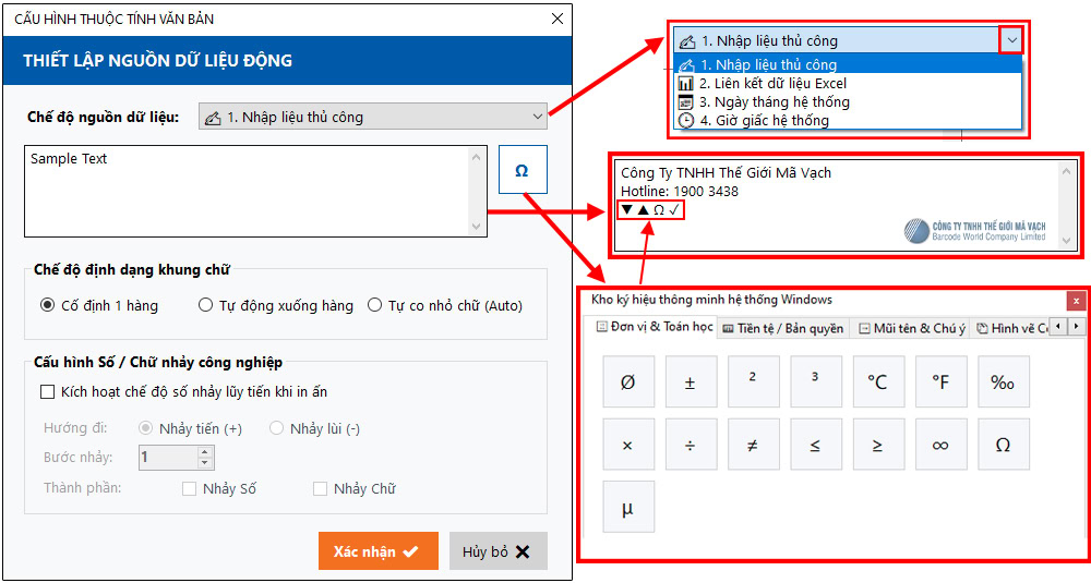 Cấu hình nguồn dữ liệu, nhập text và ký hiệu (BAWOCO Design) Cấu hình nguồn dữ liệu, nhập text và ký hiệu (BAWOCO Design)