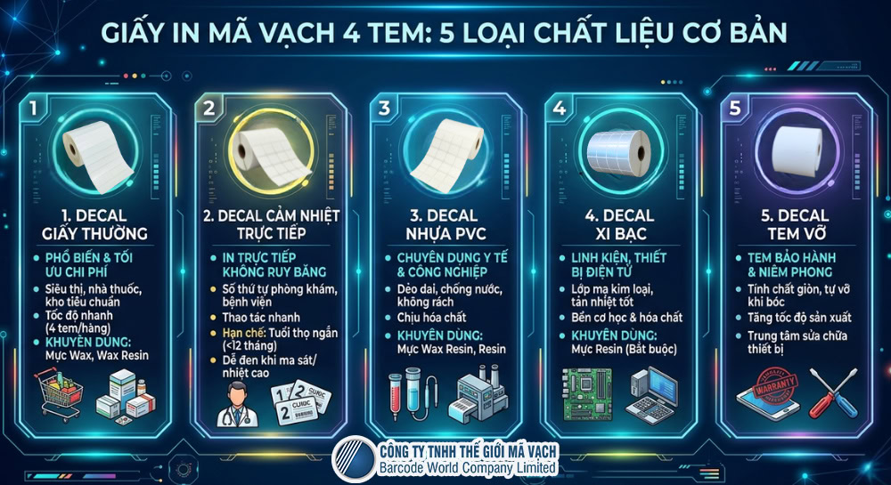 5 Loại chất liệu giấy in mã vạch 4 tem thông dụng nhất 5 Loại chất liệu giấy in mã vạch 4 tem thông dụng nhất