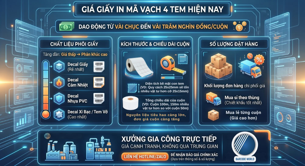 Báo giá giấy in mã vạch 4 tem và các yếu tố cấu thành Báo giá giấy in mã vạch 4 tem và các yếu tố cấu thành