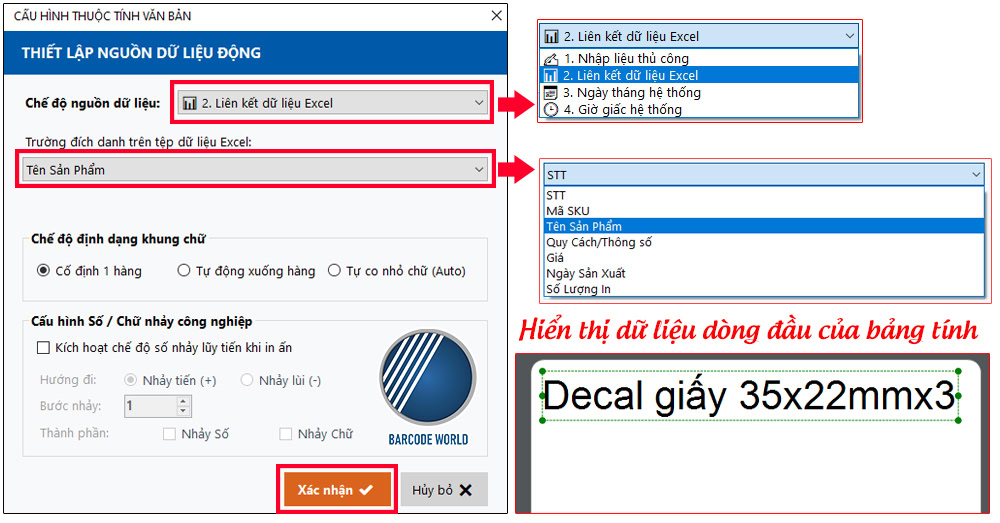 Kết nối dữ liệu chữ đúng trường và hiển thị lên vùng thiết kế của Bawoco Design Kết nối dữ liệu chữ đúng trường và hiển thị lên vùng thiết kế của Bawoco Design