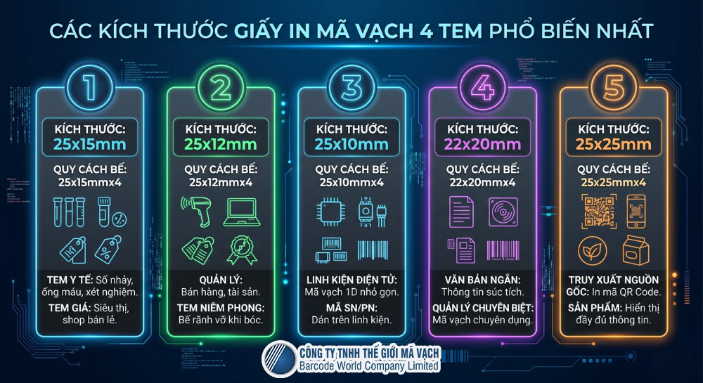 Kích thước giấy in mã vạch 4 tem phổ biến và ứng dụng thực tế Kích thước giấy in mã vạch 4 tem phổ biến và ứng dụng thực tế
