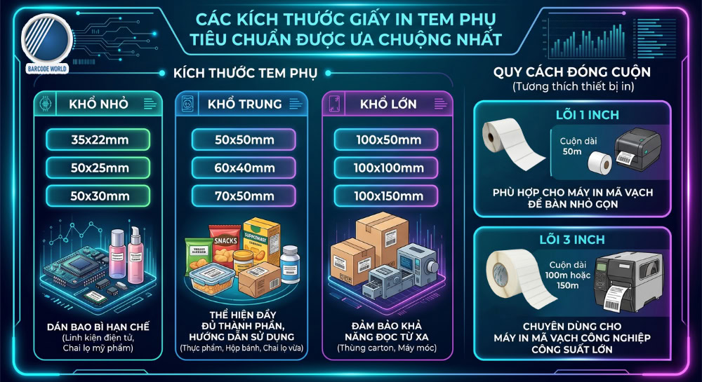 Các kích thước giấy in tem phụ tiêu chuẩn Các kích thước giấy in tem phụ tiêu chuẩn