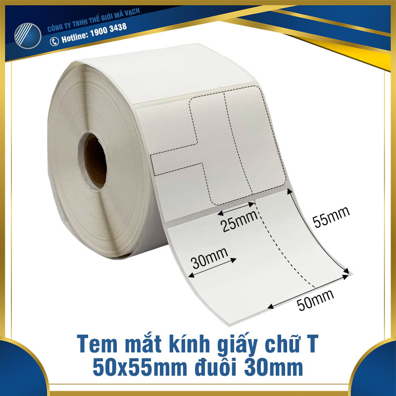Tem mắt kính giấy chữ T 50x55mm đuôi 30mm