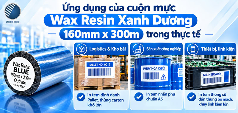 Ứng dụng mực in mã vạch wax resin xanh dương 160mmx300m Ứng dụng mực in mã vạch wax resin xanh dương 160mmx300m