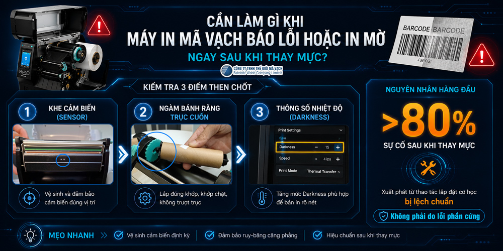 3 điều cần làm khi máy in mã vạch báo lỗi hoặc in mờ ngay sau khi thay mực 3 điều cần làm khi máy in mã vạch báo lỗi hoặc in mờ ngay sau khi thay mực