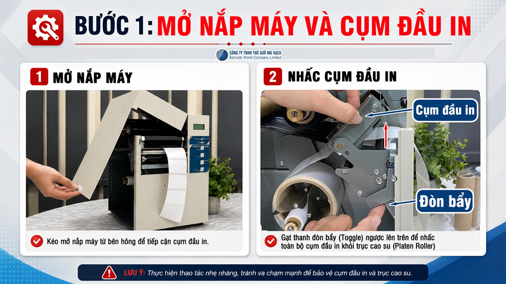 Bước 1: Mở nắp máy và cụm đầu in máy in công nghiệp Bước 1: Mở nắp máy và cụm đầu in máy in công nghiệp