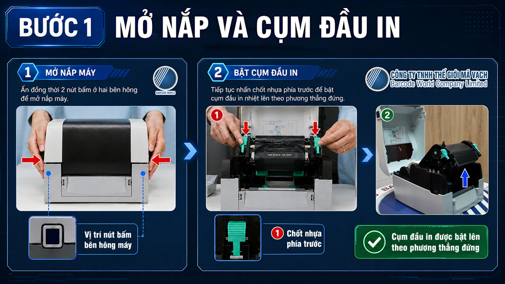 Bước 1: Mở nắp và cụm đầu in máy in để bàn Bước 1: Mở nắp và cụm đầu in máy in để bàn