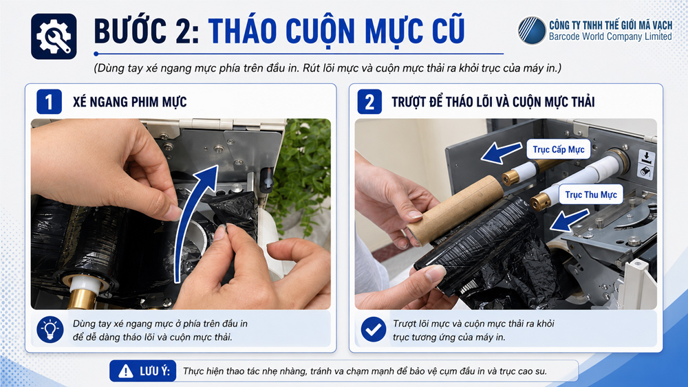 Bước 2: Tháo cuộn mực cũ ra khỏi máy in công nghiệp Bước 2: Tháo cuộn mực cũ ra khỏi máy in công nghiệp