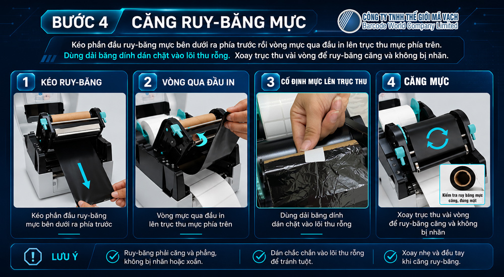 Bước 4: Căng ruy-băng mực in đủ căng và phẳng cho máy in để bàn Bước 4: Căng ruy-băng mực in đủ căng và phẳng cho máy in để bàn
