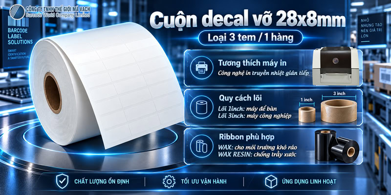 Cuộn decal tem vỡ 28x8mmx3 tương thích mực wax, wax resin Cuộn decal tem vỡ 28x8mmx3 tương thích mực wax, wax resin