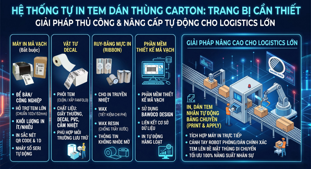 Hệ thống tự in tem dán thùng carton trang bị cần thiết Hệ thống tự in tem dán thùng carton trang bị cần thiết
